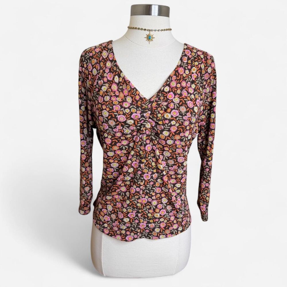 Vintage Sigrid Olsen Floral Print Mesh Ruched V Neck Y2k Top L